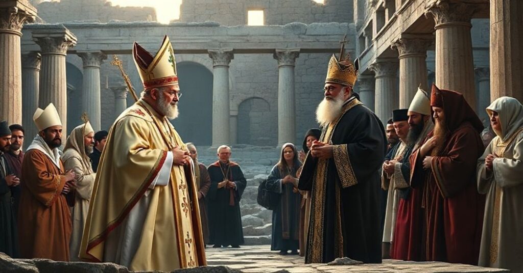 Antipope Leo XIV and Patriarch Bartholomew at Nicaea during ecumenical prayer, symbolizing false unity and betrayal of Catholic doctrine.