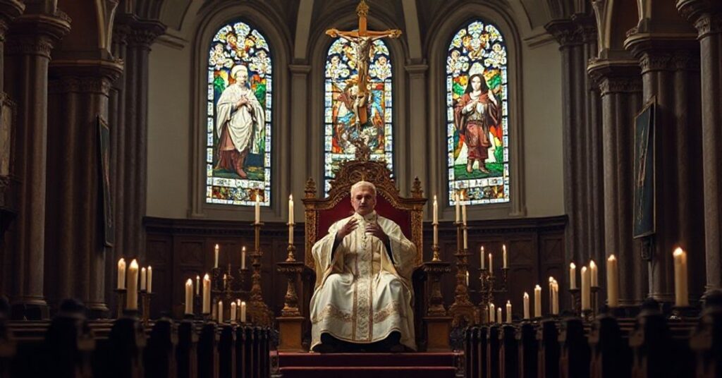 Antipope Leo XIV (Robert Prevost) delivering a controversial Angelus address in a traditional Catholic church.