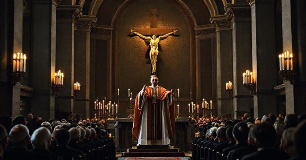 Antipope Leo XIV (Prevost) delivering a speech in a Catholic church, surrounded by modernist decorations and a concerned congregation.