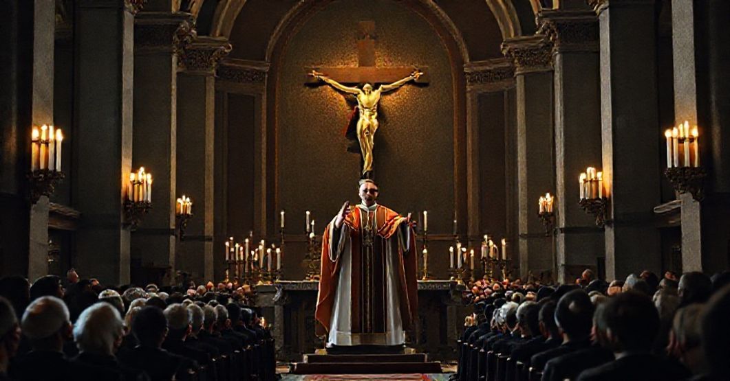 Antipope Leo XIV (Prevost) delivering a speech in a Catholic church, surrounded by modernist decorations and a concerned congregation.