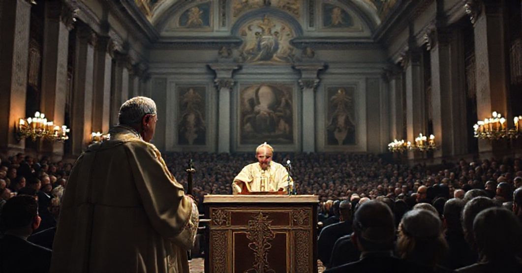 Antipope Leo XIV delivering a homily in a dimly lit Vatican audience hall, emphasizing naturalistic optimism over supernatural hope.