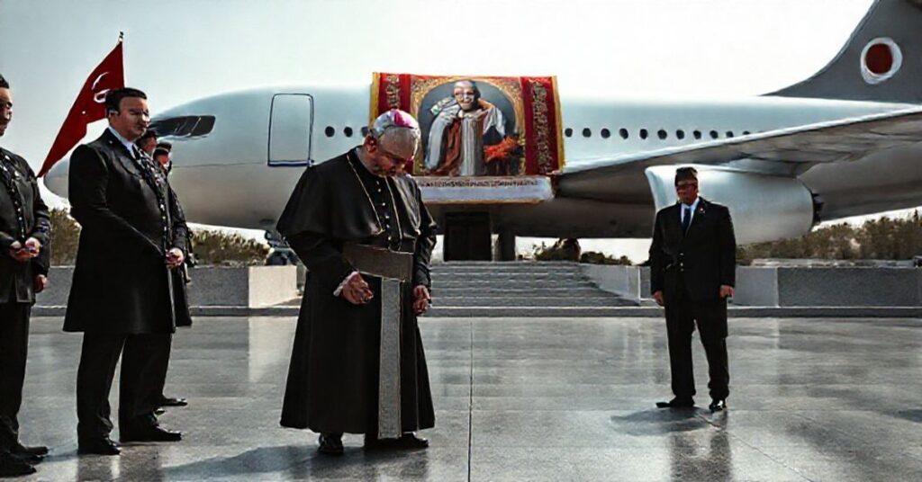 Antipope Leo XIV at the Mausoleum of Mustafa Kemal Atatürk in Ankara, symbolizing conciliar apostasy and secularist syncretism.