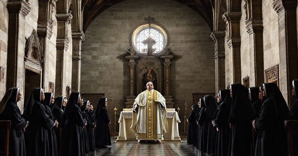 Antipope Leo XIV stands at the altar in a 17th-century church with Augustinian nuns during a visit to Montefalco, Italy.