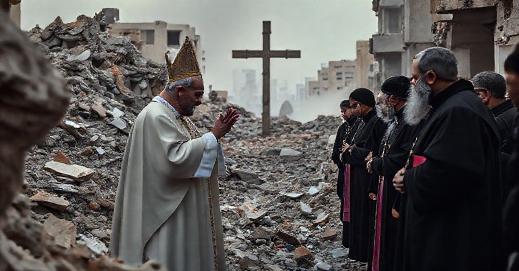 Antipope Leo XIV visiting Beirut blast site in 2025 amidst ruins and mourners, reflecting the conciliar sect's abandonment of supernatural mission.