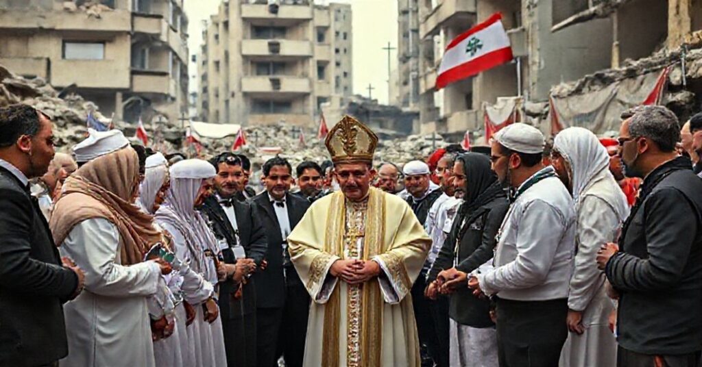 Antipope Leo XIV in Beirut amidst false ecumenical solidarity with Caritas Lebanon officials, ignoring Christ's kingship during humanitarian aid distribution.