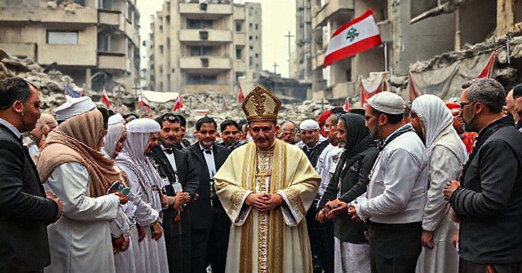 Antipope Leo XIV in Beirut amidst false ecumenical solidarity with Caritas Lebanon officials, ignoring Christ's kingship during humanitarian aid distribution.