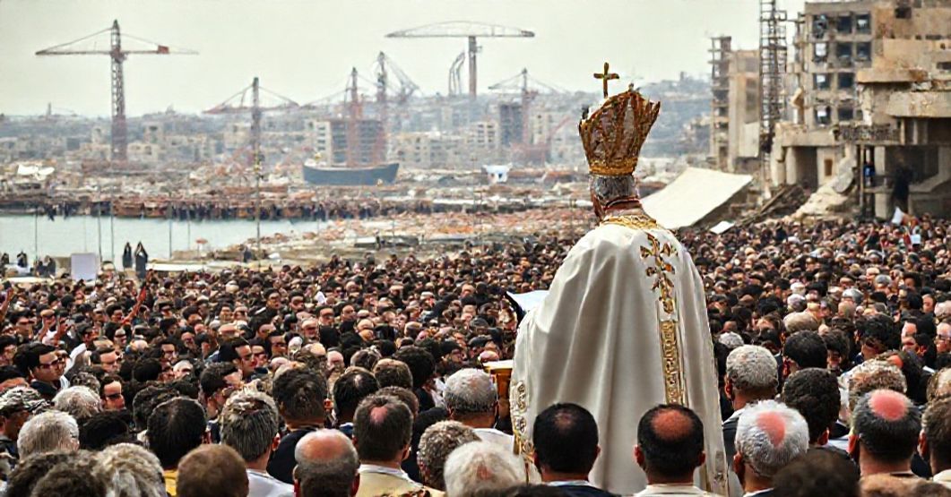 Antipope Leo XIV delivering a homily in Beirut, surrounded by ruins and a diverse crowd, emphasizing naturalistic peace rhetoric while avoiding Christ's kingship.