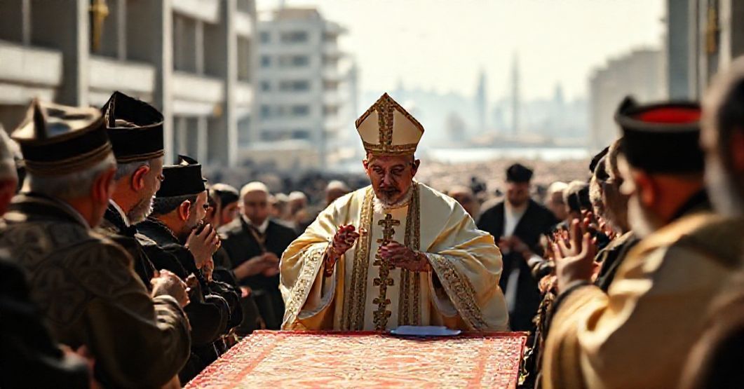 Antipope Leo XIV presiding over a conciliar Mass in Beirut's Masonic-designed Waterfront complex with Greek Melkite Patriarch Youssef Absi amidst interfaith leaders.