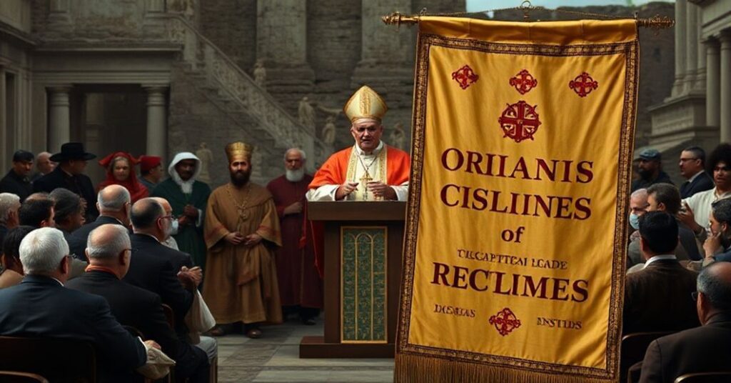 Antipope Leo XIV addressing a gathering at the Pontifical Institute of Christian Archaeology with false religious representatives and ancient Christian artifacts.