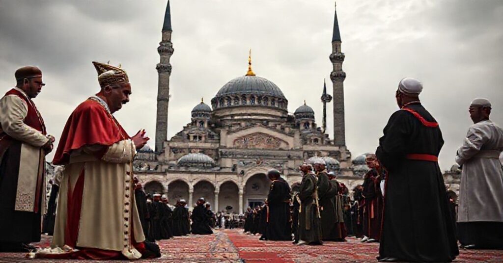 A Catholic bishop in distress kneels at the Blue Mosque during Antipope Leo XIV's ecumenical visit with Muslim clerics.