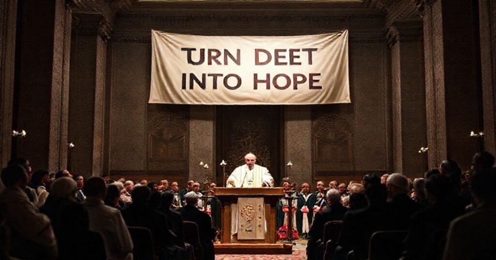 Antipope Leo XIV addresses Caritas Internationalis leaders in a Vatican hall, symbolizing the modernist distortion of Catholic charity.