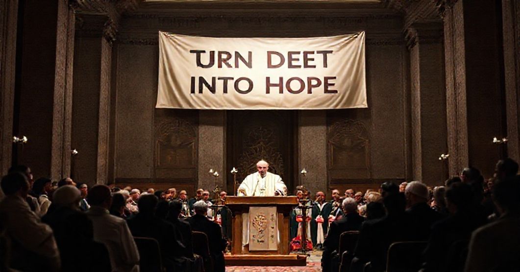 Antipope Leo XIV addresses Caritas Internationalis leaders in a Vatican hall, symbolizing the modernist distortion of Catholic charity.