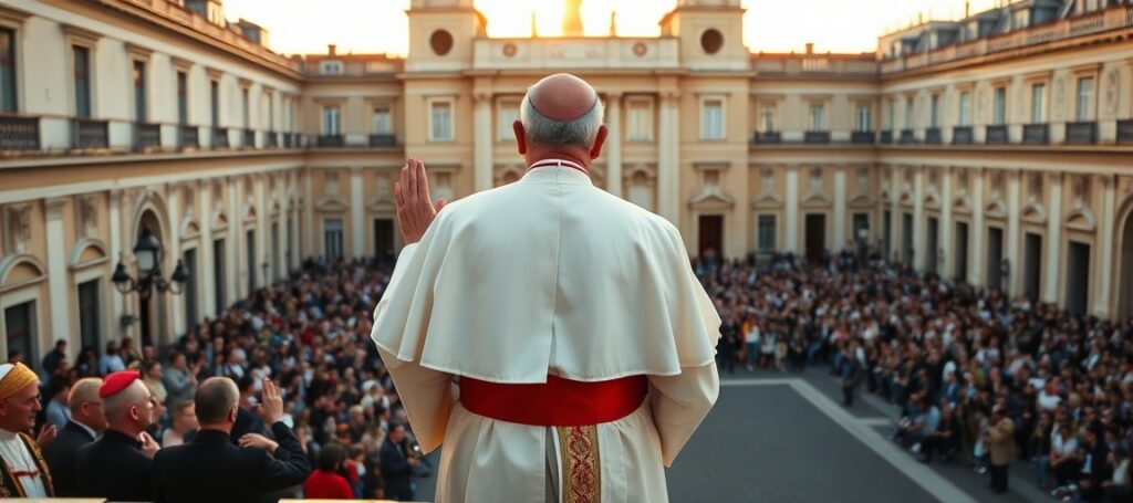 Antipope Leo XIV stands on Castel Gandolfo balcony giving a false blessing to cheering crowds while souls perish in spiritual darkness
