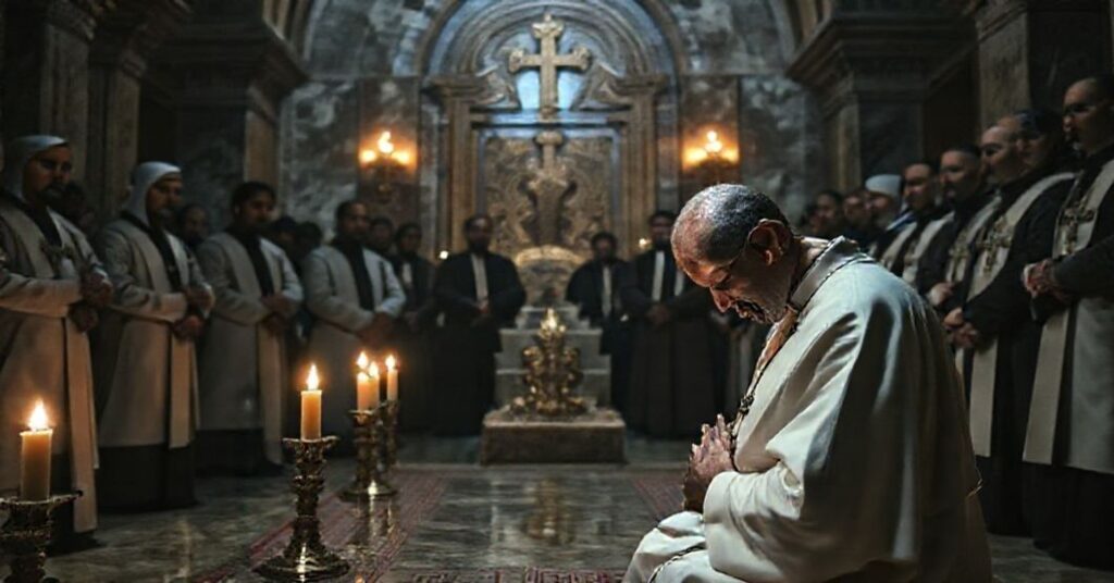 Antipope Leo XIV praying at the tomb of Charbel Makhlouf in Lebanon's Annaya monastery, surrounded by modernist monks and interfaith pilgrims.