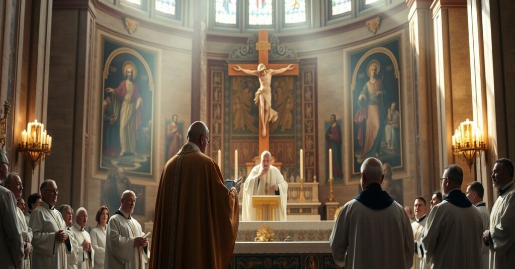 Antipope Leo XIV delivering a homily at the Chrism Mass on Holy Thursday 2026 in St. Peter's Basilica.