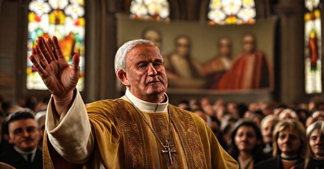 Antipope Leo XIV addressing Italian Catholic Action members in a church, promoting false conciliar peace