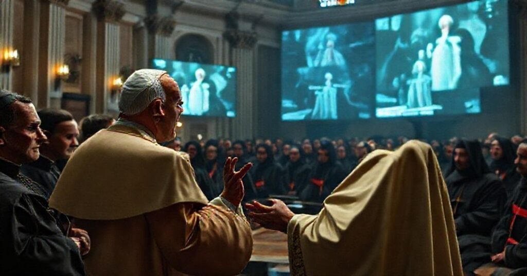 Antipope Leo XIV addresses the General Assembly of the Union of Superiors General, promoting digital tools in place of divine worship in a Vatican hall.