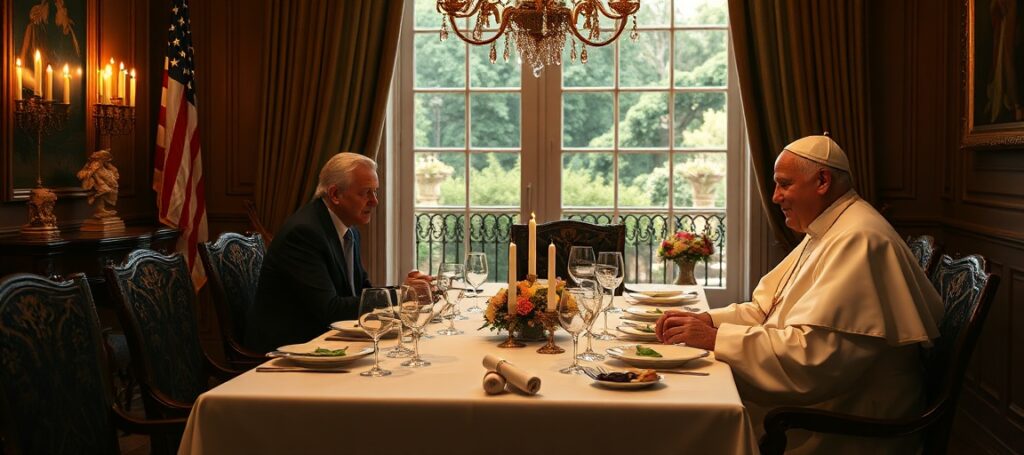 Antipope Leo XIV dining with U.S. Ambassador Brian Burch on Independence Day 2026, symbolizing apostasy and Americanism's embrace by the conciliar sect.