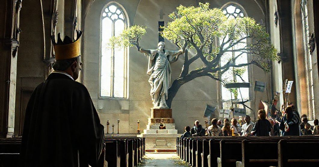 A solemn Catholic priest in a decaying church amid ecological paganism under Antipope Leo XIV