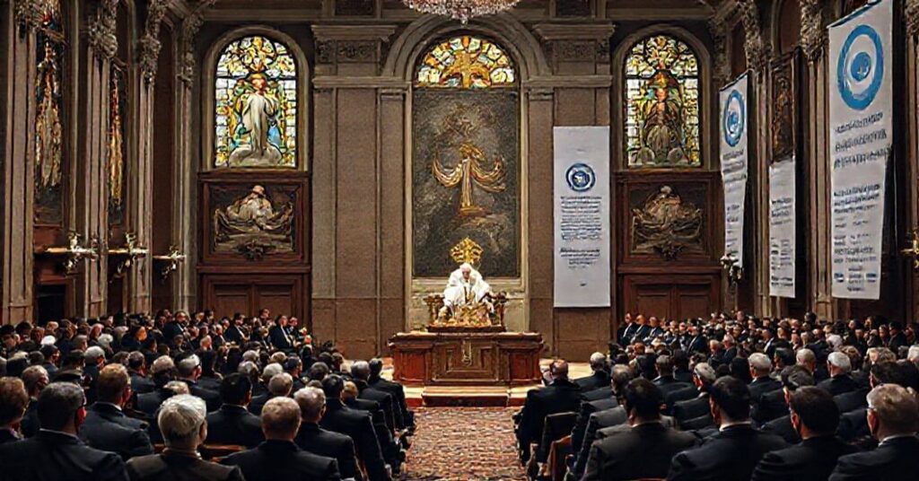 Antipope Leo XIV addressing business leaders at Argentina's Industrial Conference, promoting naturalistic economics under the guise of Catholic social teaching.