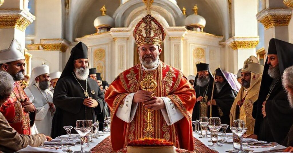 Antipope Leo XIV at the Shrine of Our Lady of Lebanon in 2025, promoting ecumenical apostasy with Eastern Catholic patriarchs and Orthodox leaders.