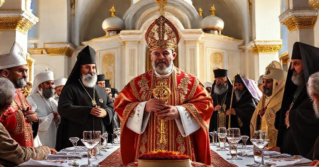 Antipope Leo XIV at the Shrine of Our Lady of Lebanon in 2025, promoting ecumenical apostasy with Eastern Catholic patriarchs and Orthodox leaders.