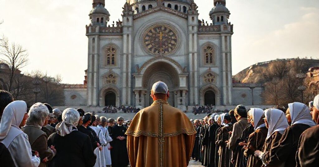 Antipope Leo XIV in Istanbul during an ecumenical gathering at the modernist Cathedral of the Holy Spirit, surrounded by modernist clergy and elderly people from the Little Sisters of the Poor home.