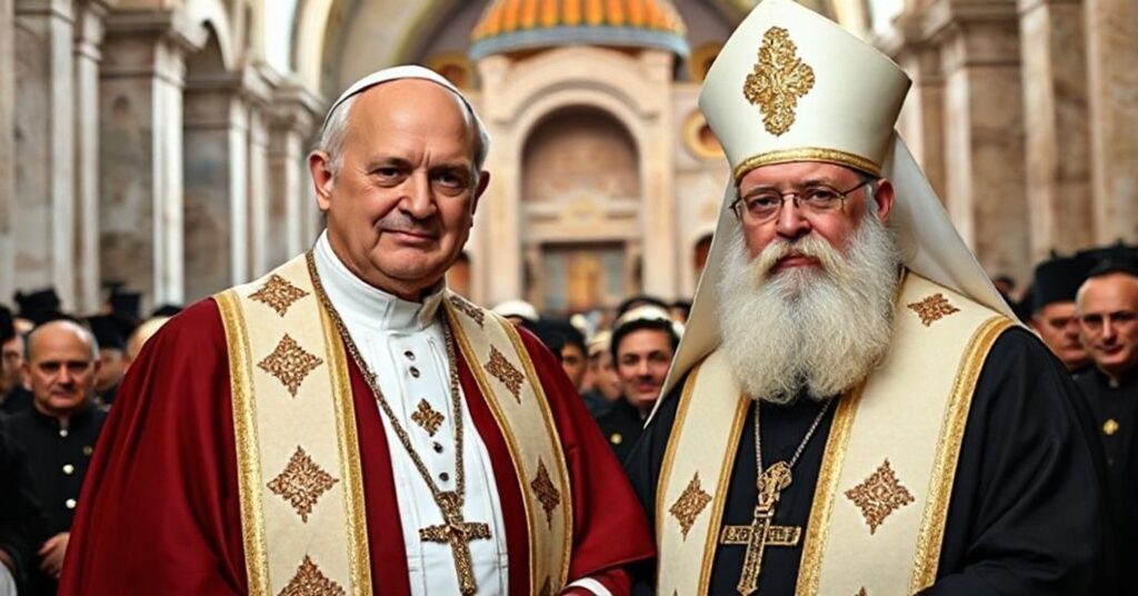 Antipope Leo XIV and Orthodox Patriarch Bartholomew I in front of the Hagia Sophia during an ecumenical gathering