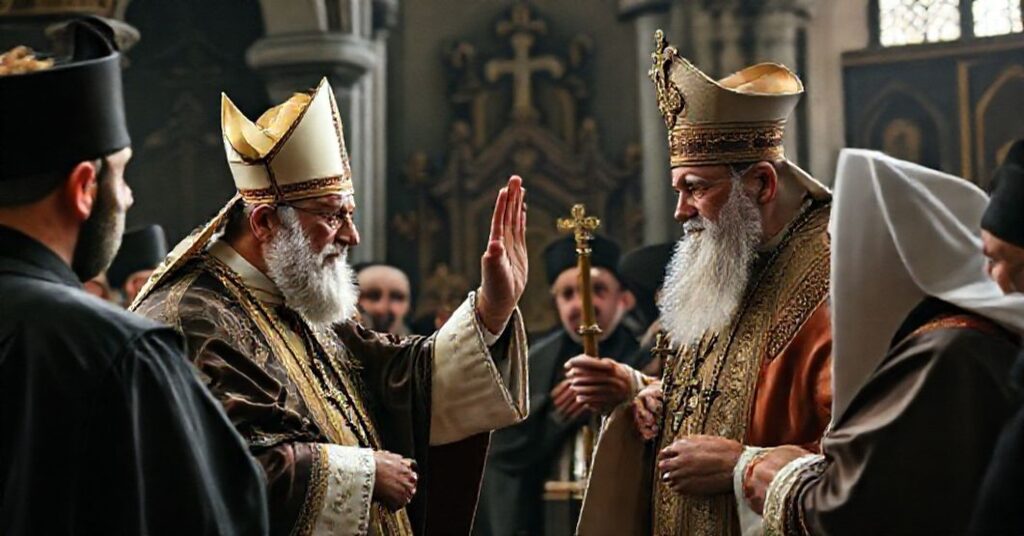 Antipope Leo XIV and Orthodox Patriarch Bartholomew I in ecumenical activities at Armenian Apostolic Cathedral in Istanbul, 2025.