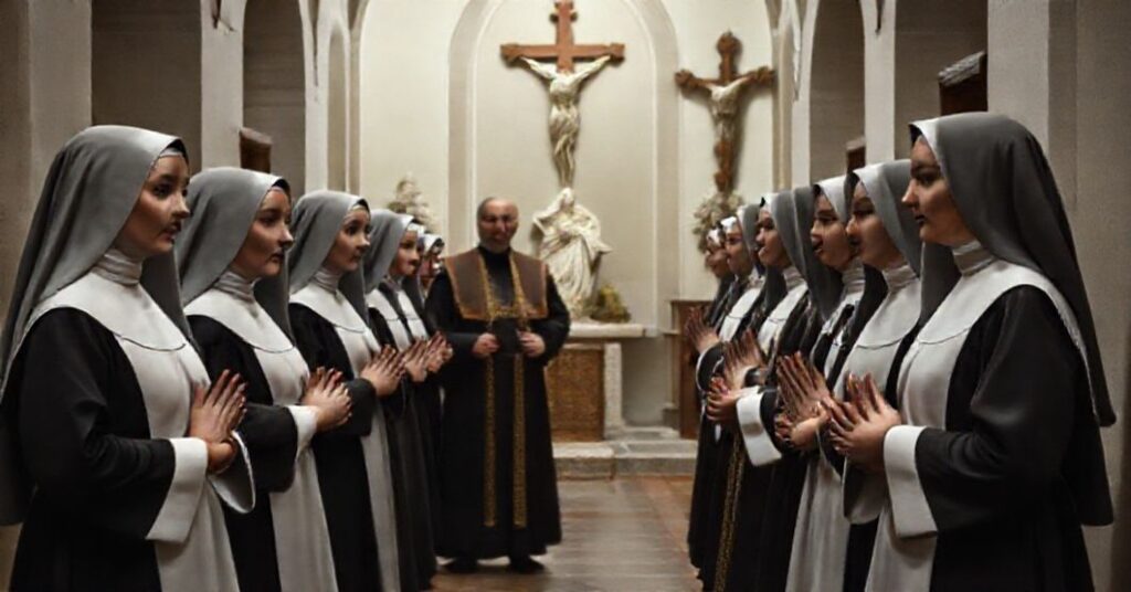 Augustinian nuns in traditional habit praying in a cloistered chapel, contrasted with antipope Leo XIV in modernist vestments.
