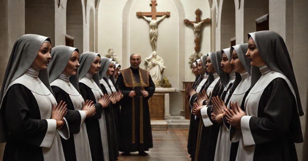 Empty Praise: Antipope Leo XIV and the Apostasy of Cloistered Life Augustinian nuns in traditional habit praying in a cloistered chapel, contrasted with antipope Leo XIV in modernist vestments.