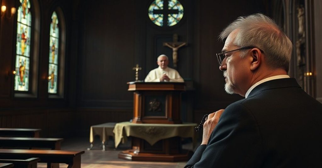 A solemn Catholic interior with Antipope Leo XIV giving a sermon from a wooden pulpit, while a concerned Catholic man listens intently.