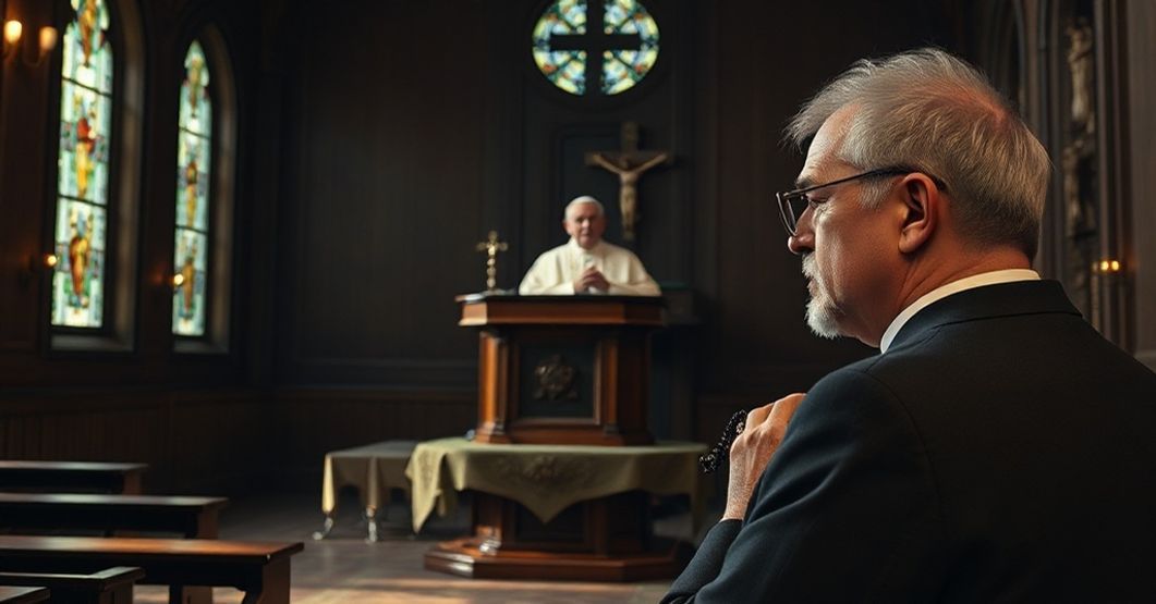 A solemn Catholic interior with Antipope Leo XIV giving a sermon from a wooden pulpit, while a concerned Catholic man listens intently.