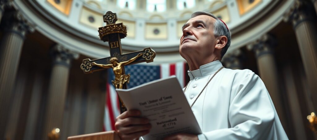 A Catholic bishop in papal attire stands in the U.S. Capitol rotunda holding a parchment titled 'Spirit of 1776' while a crucifix behind him is obscured by Masonic symbols