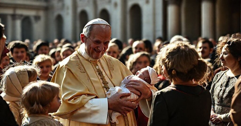 Antipope Leo XIV holding an infant during a staged Vatican audience in 2025, highlighting the exploitation of infant innocence for false legitimacy.