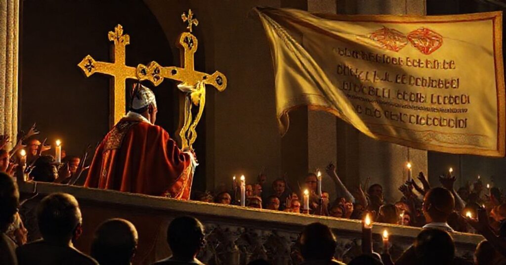 Antipope Leo XIV delivering a false Angelus message from the Vatican balcony, representing the conciliar sect's sacrilegious parody of true papal authority.