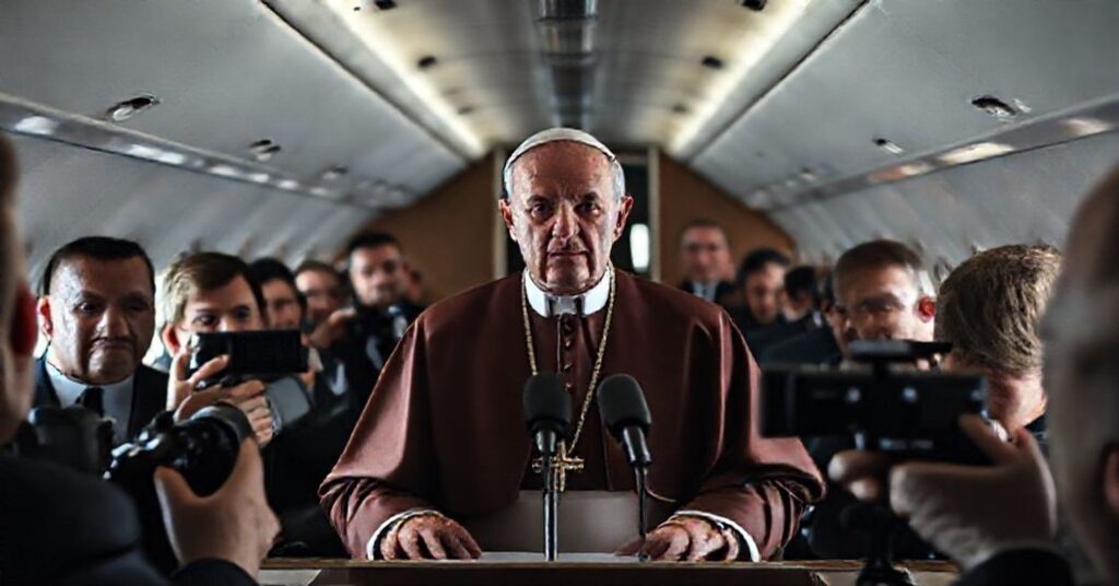 Antipope Leo XIV speaking at a press conference aboard the papal plane, promoting false peace and dialogue with Hezbollah while betraying Christ the King.