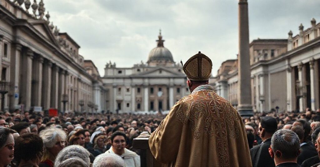 Antipope Leo XIV speaking in St. Peter's Square about fraternity, symbolizing the Conciliar Sect's distortion of Catholic doctrine