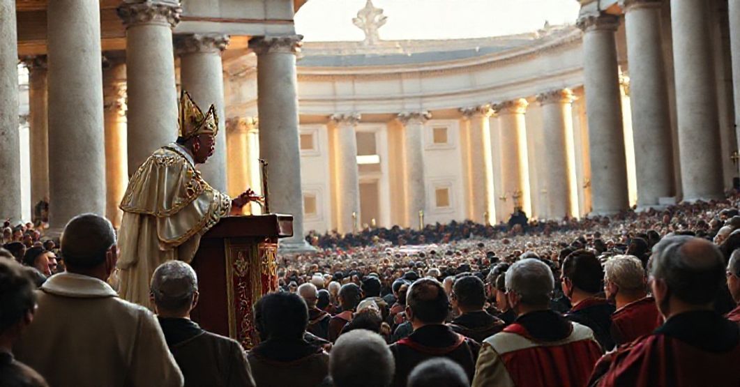 Antipope Leo XIV addressing a General Audience in St. Peter's Square, Vatican, discussing naturalistic distortions of death and eternity.