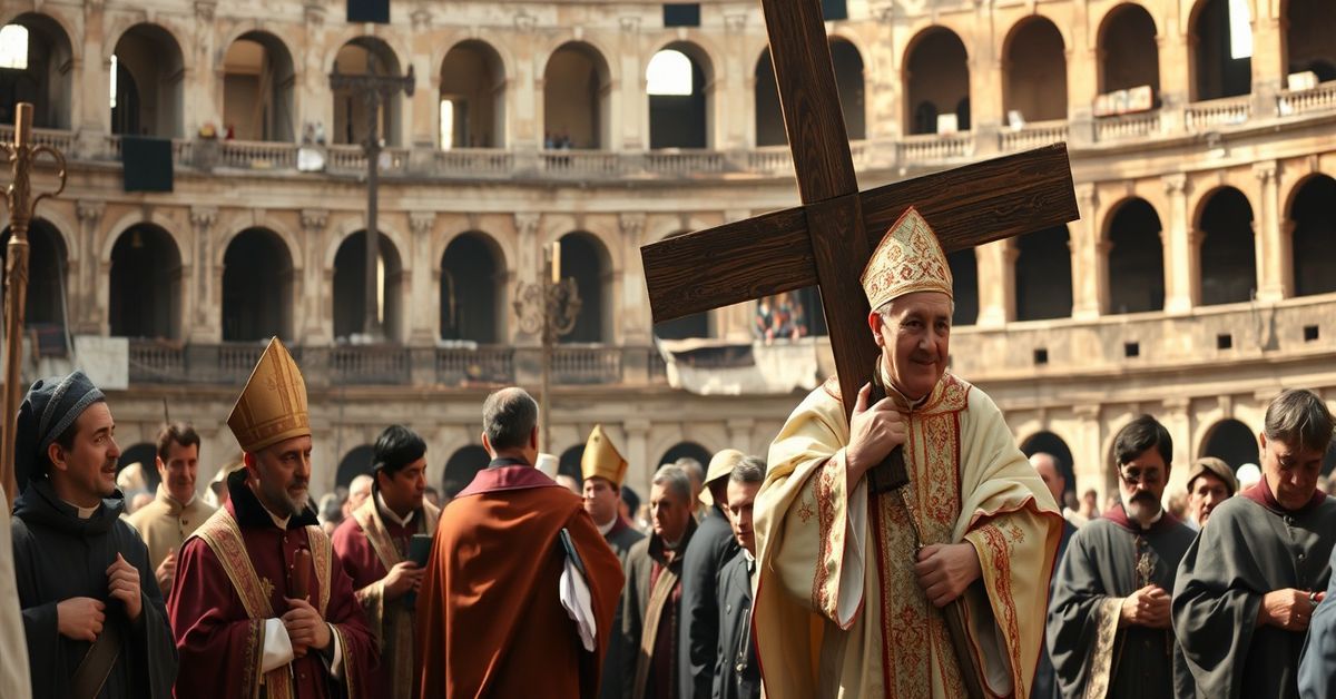 Antipope Leo XIV carries a cross in a Good Friday procession at the Colosseum, emphasizing humanistic journey over divine sacrifice.
