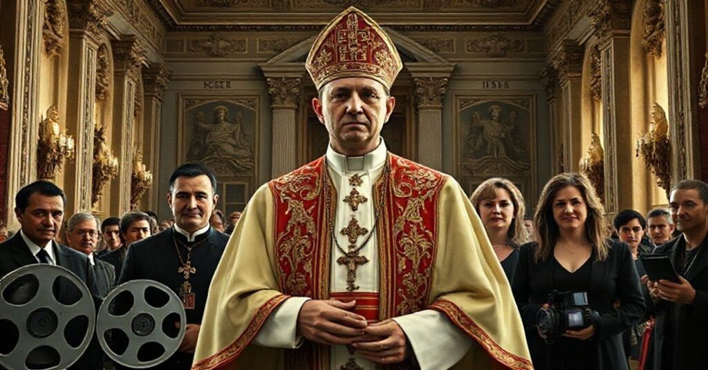Antipope Leo XIV meeting Hollywood figures in the Vatican Apostolic Palace, symbolizing conciliar modernism's dangerous syncretism with secular cinema.