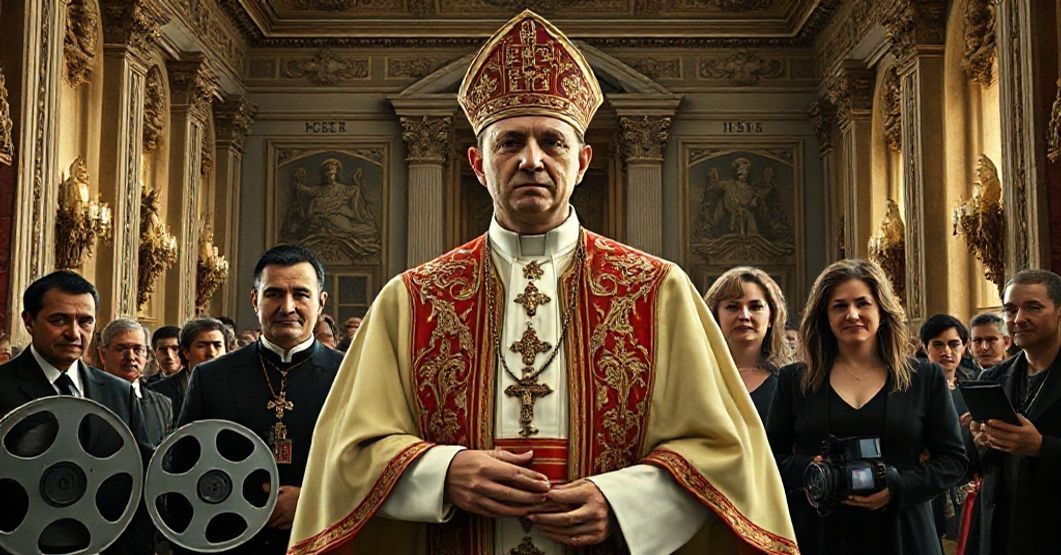 Antipope Leo XIV meeting Hollywood figures in the Vatican Apostolic Palace, symbolizing conciliar modernism's dangerous syncretism with secular cinema.