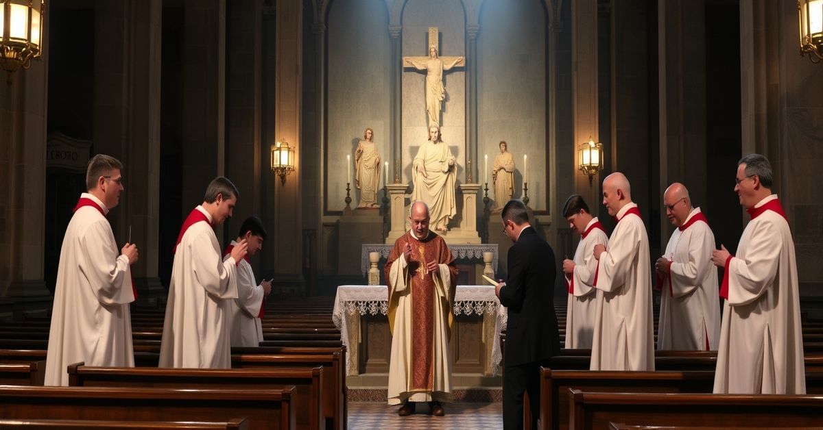 Antipope Leo XIV performing a foot-washing ceremony in the Lateran Basilica on Holy Thursday, surrounded by diocesan priests in modernist liturgical garb.