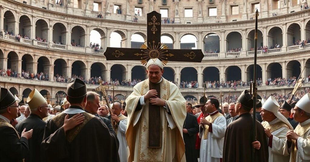 Antipope Leo XIV carrying a cross at the Colosseum during Holy Week, surrounded by modernist clergy and laity.
