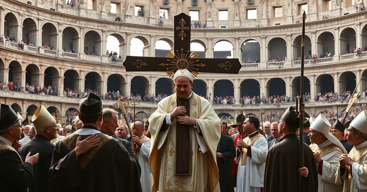 Antipope Leo XIV carrying a cross at the Colosseum during Holy Week, surrounded by modernist clergy and laity.