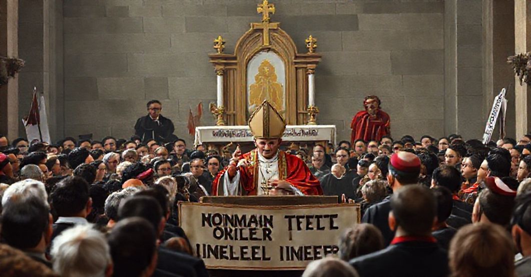 Antipope Leo XIV at Castel Gandolfo with USCCB representatives promoting immigration agenda, contrasting with Catholic altar.