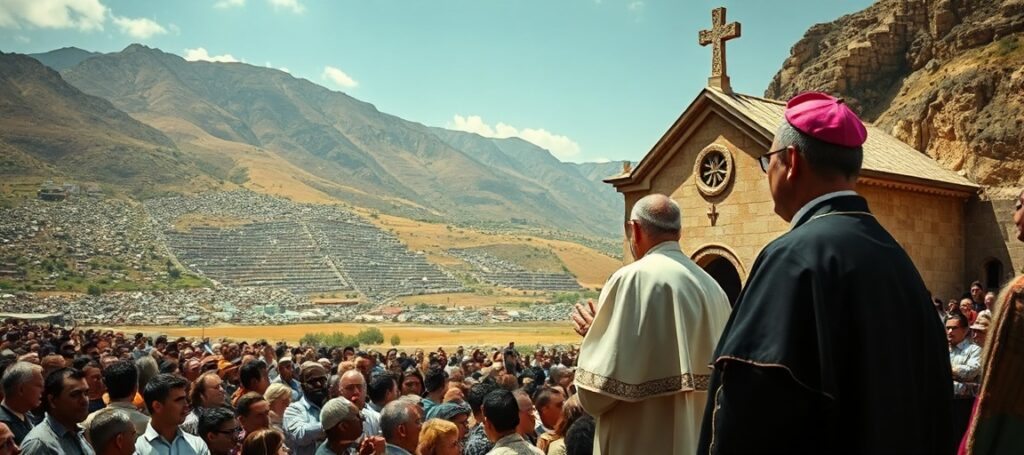 Antipope Leo XIV in 'Terra dei Fuochi' near Naples, addressing a crowd on environmental activism framed by Laudato Si'