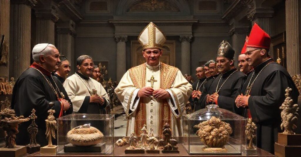 Antipope Leo XIV presents indigenous artifacts to Canadian bishops in Vatican's Anima Mundi Museum, symbolizing apostate syncretism and modernist heresies.