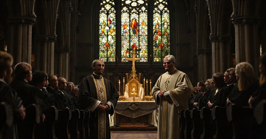 A dimly lit Catholic church interior showing the modernist appointment of a new 'archbishop' by an antipope.