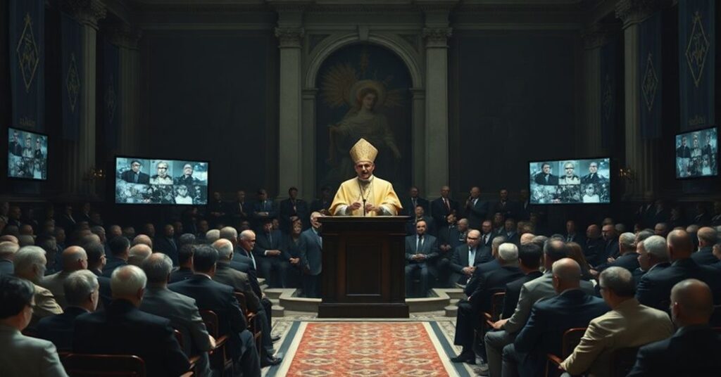 Antipope Leo XIV addressing employment consultants in a Vatican hall, emphasizing humanist labor ethics over Christ the King's reign